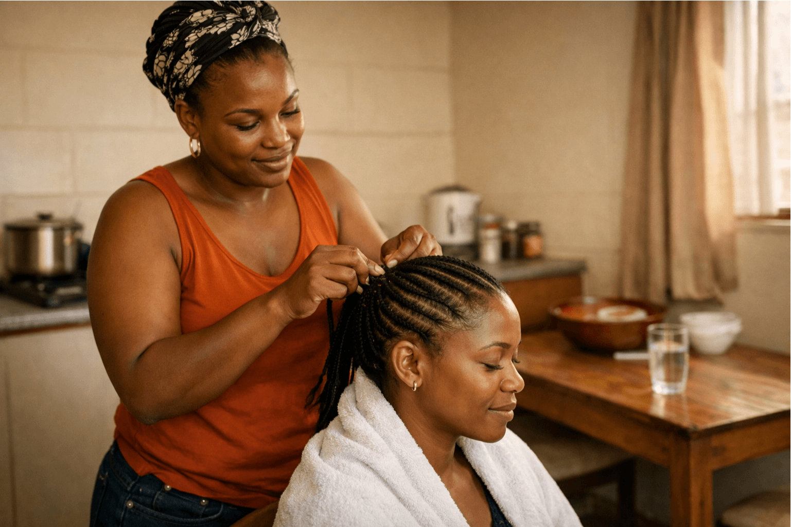 A South African woman braiding hair, focusing on her entrepreneurial work